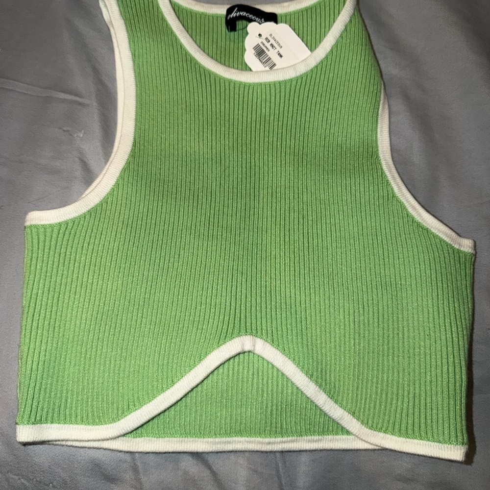 Olivaceous Mint Ribbed Tank with White Trim